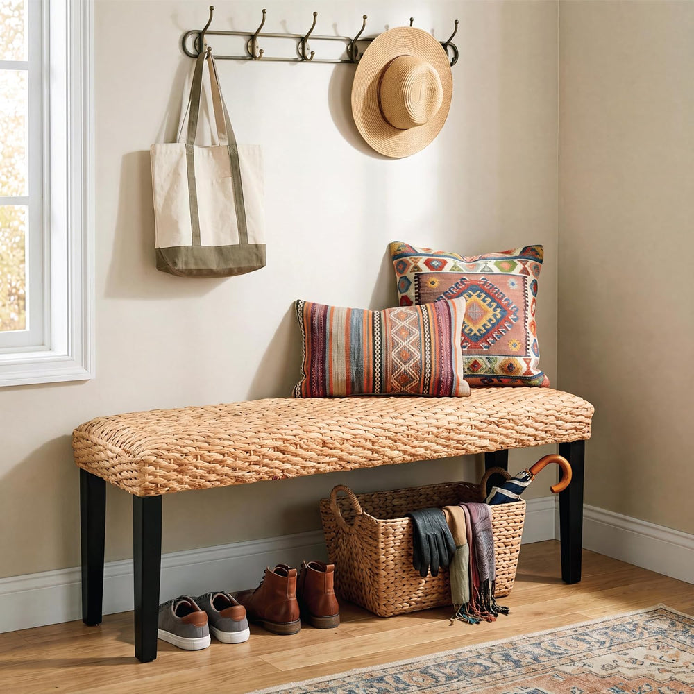 Solid Wood Acacia Indoor Bench, Water Hyacinth Seat, Black Leg, Plait Style |...