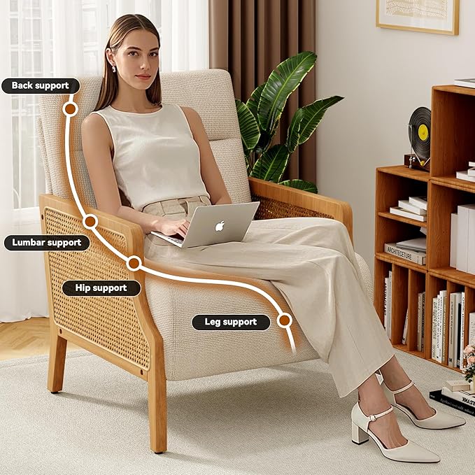WENTMENT Modern Accent Chair, Armchair with Natural Rattan Armrest, Upholstered Living Room Chair Comfy Single Sofa Chair for Hosting Room/Bedroom,White