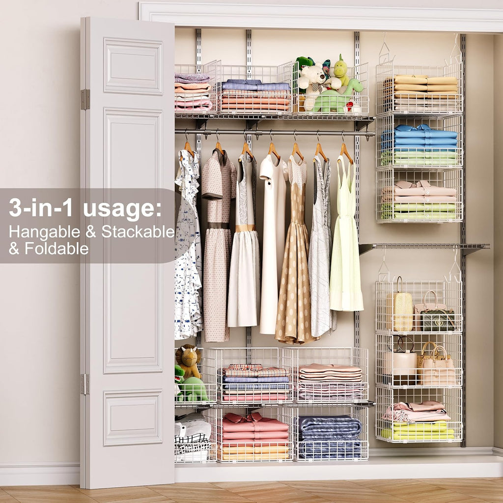 Sonyabecca 3-Tier Hanging Closet Organizer with 5 S Hooks, Closet Shelves for Clothes, Shoes, Handbags, Accessories, Hanging Basket, Closet Storage, Closet System, Closet Organizers and Storage