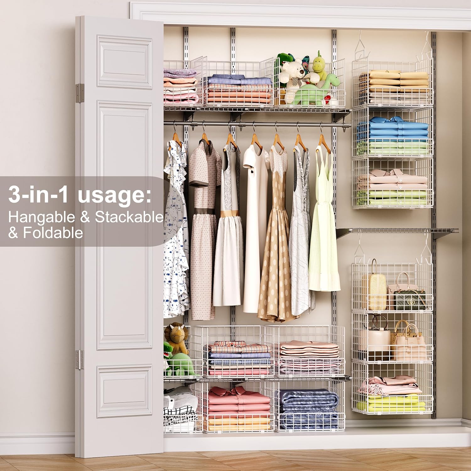 Sonyabecca 3-Tier Hanging Closet Organizer with 5 S Hooks, Closet Shelves for Clothes, Shoes, Handbags, Accessories, Hanging Basket, Closet Storage, Closet System, Closet Organizers and Storage
