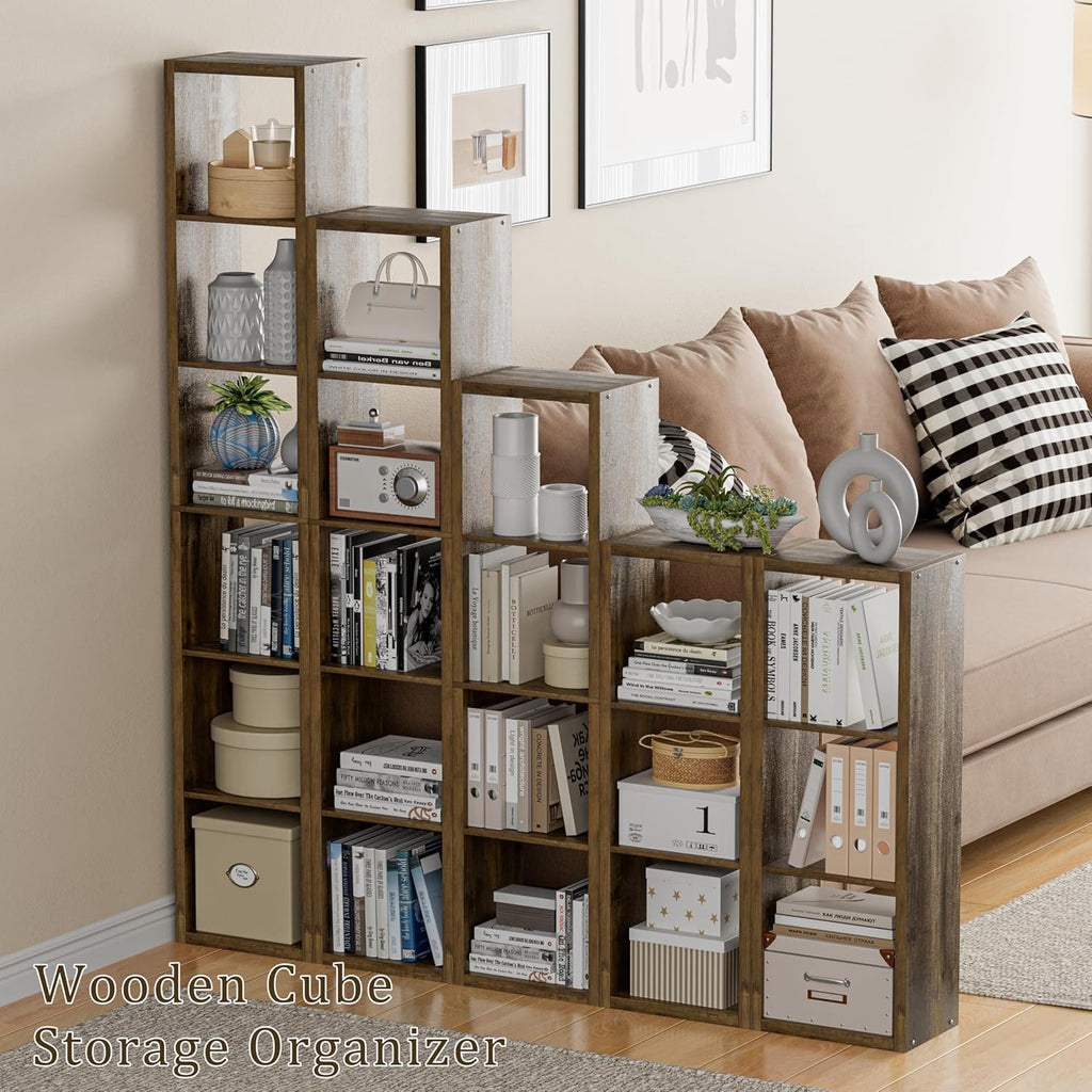 Cube Storage Organizer Bookcase, Small 4 Tier 11 inch Open Back Cubical Shelf with Thickened Border, Display Bookshelf for Living Room, Home Office, Sturdy Room (Brown, 4 Cube,Vertical)