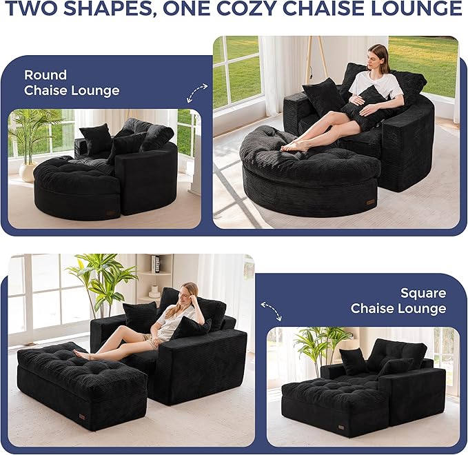 MAXYOYO Modular Sectional Chaise Lounge Sofa, 2 Sets Upholstered Lounge Chair with Ottoman, Comfy Round+ Square Couch with Layered Cushion, Tufted Sleeper Chair for Living Room, No Assembly, Black
