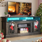 YITAHOME LED Farmhouse TV Stand for 65 Inch w/Outlets, Modern Entertainment Center with Glass Doors and Adjustable Storage Shelves, Media Console TV Cabinet for for Living Room, Dark Rustic Oak