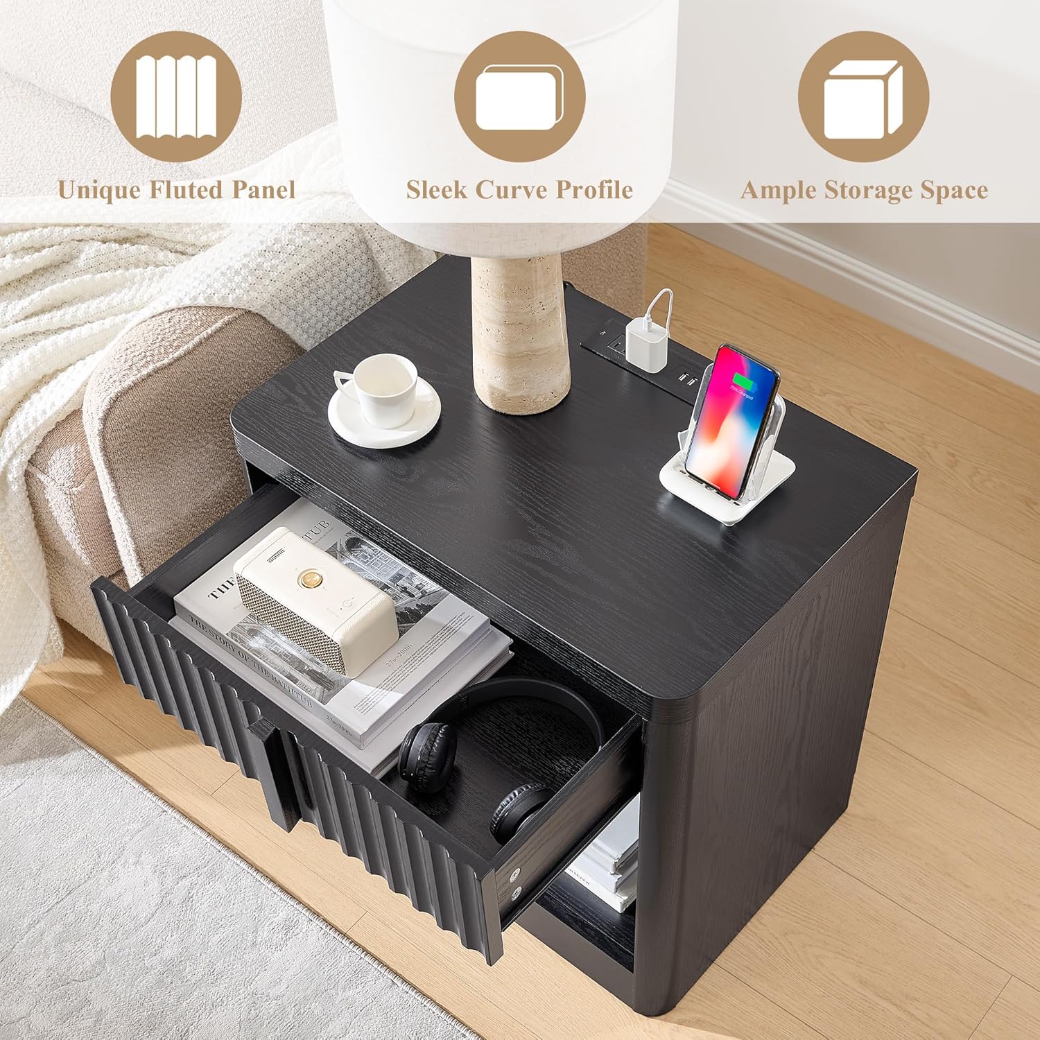 Fluted Nightstand with Charging Station, 23.6" End Table with Open Shelf and Drawers Storage, Bedside Table with Solid Wood Handle, Curved Profile Design, Night Stand for Bedroom, Black