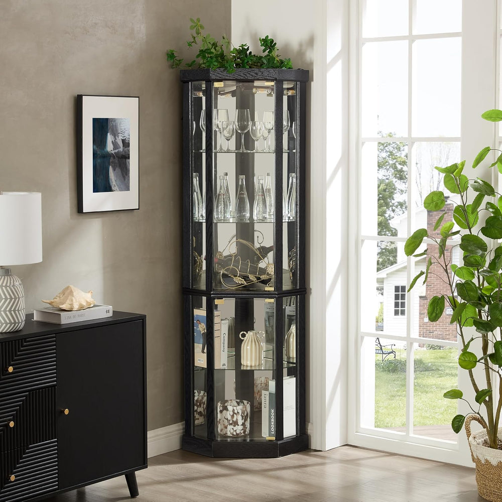 Lighted Corner Curio Cabinet - Elegant Glass Display Case for Living Room &am...