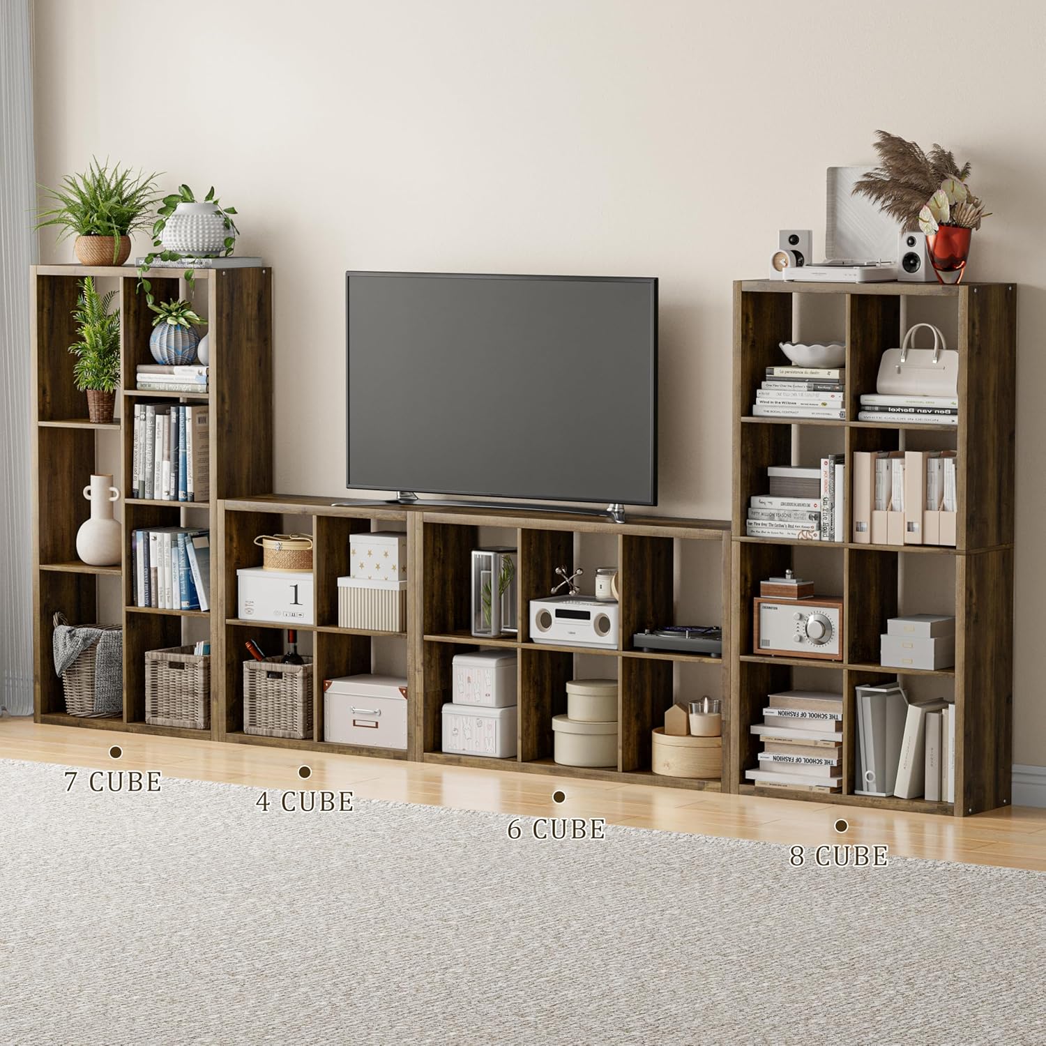 Cube Storage Organizer Bookcase, Decorative 11 inch Open Back Cubical Shelf with Thickened Border, Display Bookshelf for Living Room, Home Office, Sturdy Room (Brown, 8 Cube)