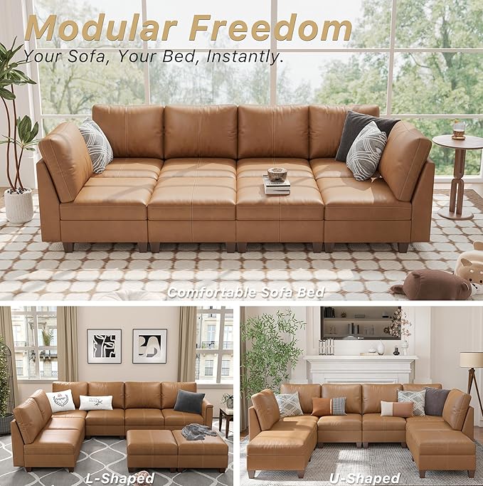 SITJOY 118" Faux Leather Modular Sectional Sofa with Storage, Mid Century Modern Sectional Couches for Living Room, Soft Padded Armrests, 8 Seat Sofa Bed, Brown