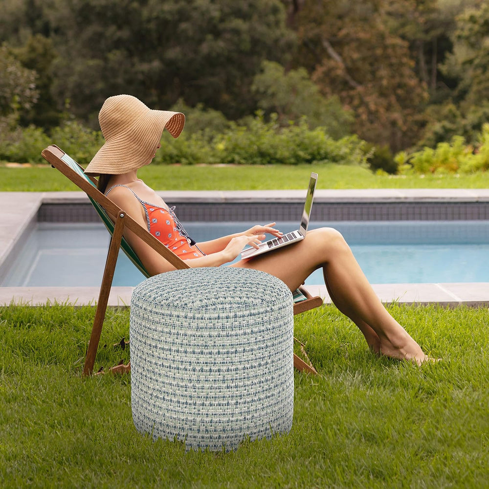 LR Home Interwoven Coastal Delight Indoor Outdoor Pouf, Blue/Green/White, 20&...