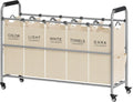 Tajsoon Laundry Sorter 5 Sections, Laundry Hamper with Heavy Duty Lockable Wheels and Removable Bags, 5 Bag Rolling Laundry Sorter Cart for Dirty Clothes Storage, Laundry Separator Hamper, Beige