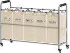 Tajsoon Laundry Sorter 5 Sections, Laundry Hamper with Heavy Duty Lockable Wheels and Removable Bags, 5 Bag Rolling Laundry Sorter Cart for Dirty Clothes Storage, Laundry Separator Hamper, Beige