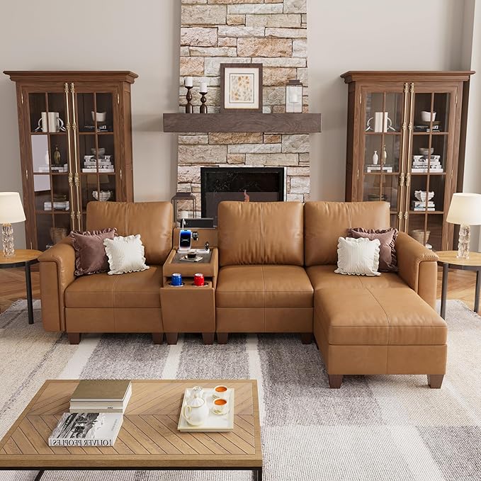 SITJOY 105" Faux Leather Modular Sectional Sofa with Storage, Mid Century Modern Sectional Couches for Living Room, 4 Seat L Shaped Couch with Chaise and Console Table, Hidden Cupholders, Brown