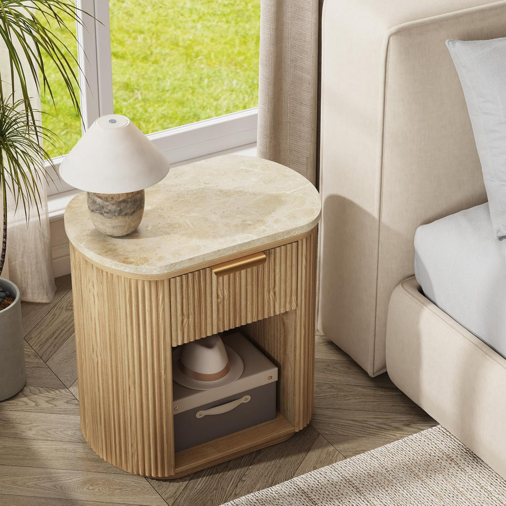 Fluted Marble Nightstand Set of 2 23.6"Large Round Bedside Table Oak,Boho