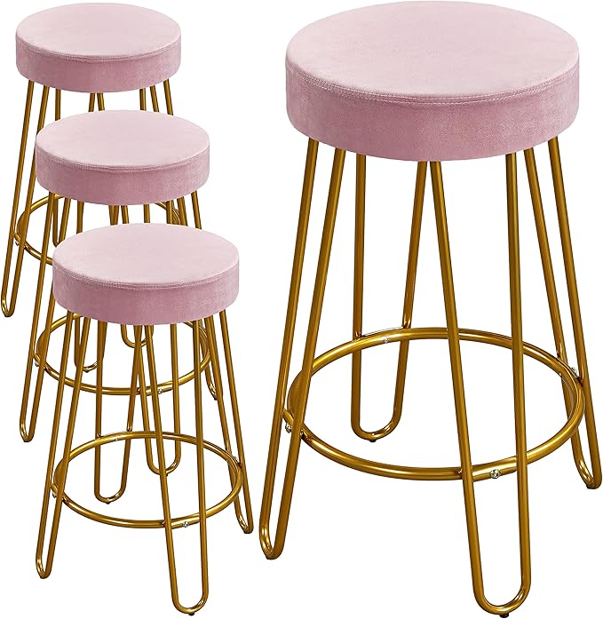 Yaheetech Bar Stools Set of 4, Velvet Round Counter Stools, Backless Counter Height Bar Chairs with Golden Legs for Kitchen Dining Room Pub Cafe, Pink