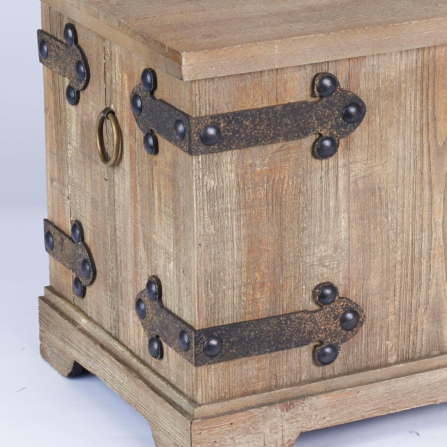 Household Essentials Decorative Trunk, Victorian, Small, Chinese Fir Wood, Aged-Wood Finish with Metal Accents, Fully Opening Lid, Stout Design, Ring Handles