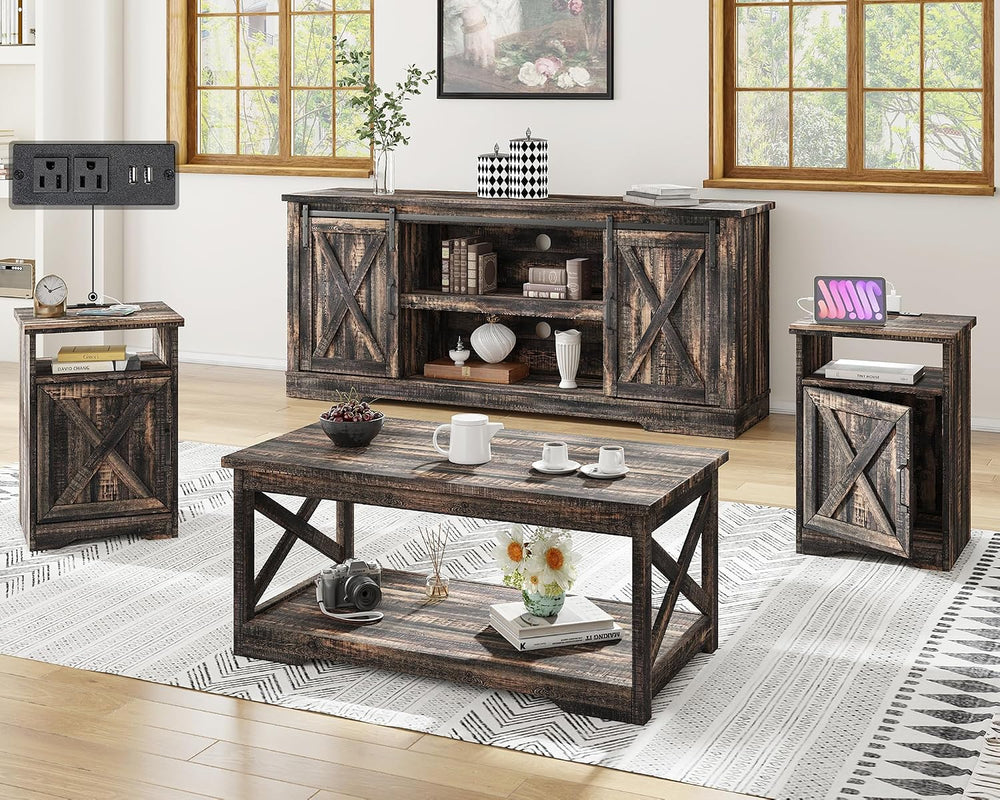 AMERLIFE 4 Piece Farmhouse Table Set with 66" TV Stand, Dark Oak | Coffe...