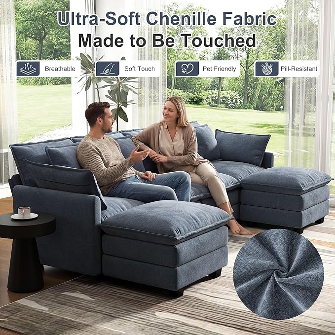 107" Cloud Couch Sectional, U Shaped Modular Sectional Sofa, 4-Seat Deep Seat Couch with 6 Removable Washable Pillows and 2 Ottoman for Living Room, Bedroom, Apartment, Blue