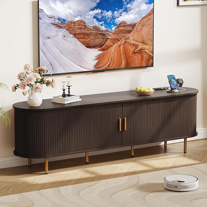 DHH 70.8 Inch Mid Century Modern TV Stand with Power Outlet for TVs up to 80 Inch, Entertainment Center with Storage and Adjustable Shelves, Media Console with Sliding Doors for Living Room(Brown)