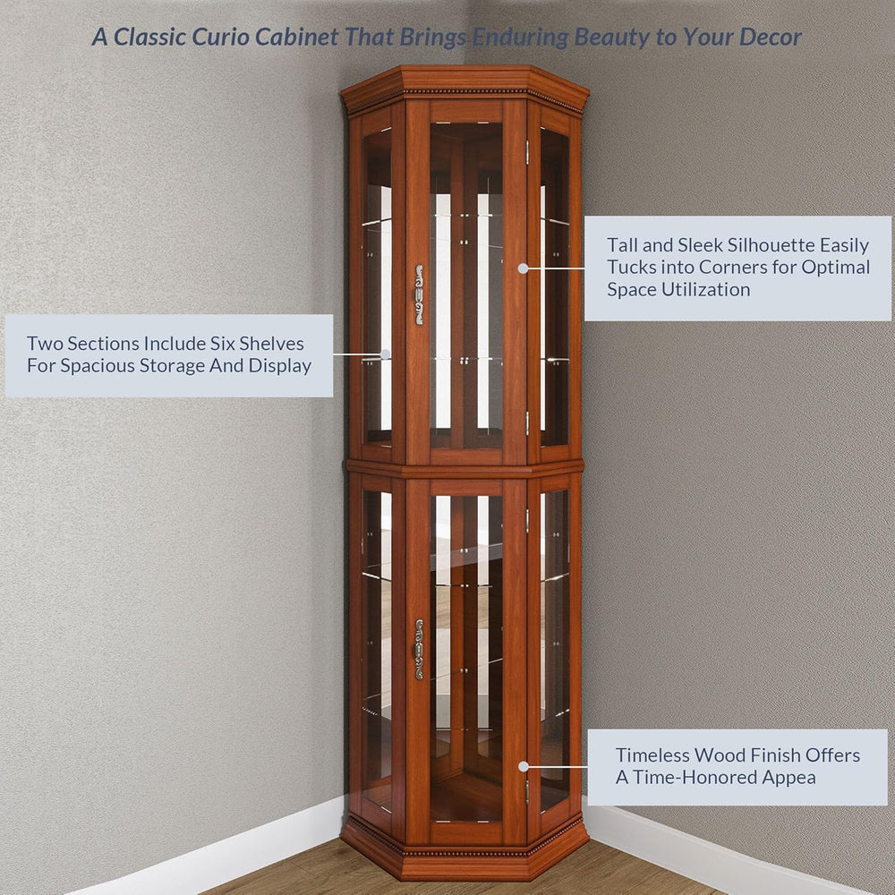 BELLEZE Lighted 3-Side Glass Display Curio Cabinet w/Tempered Glass Doors and...