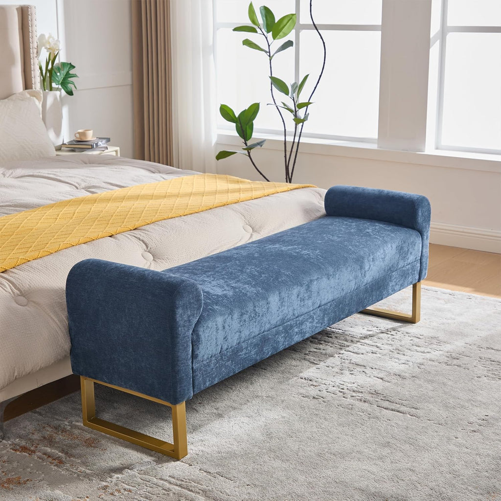 65.75" Storage Ottoman Bench, End of Bed Bench for Bedroom | Hidden Storage, Gold Metal Legs, Chenille Upholstered Seat And Modern Design For Living Room, Entryway Or Window Seating
