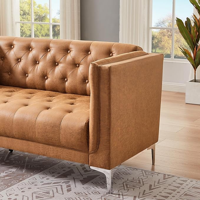 HIFIT 79" W Brown Faux Leather Sofa Couch with 2 Pillows, 3 Seater Couches for Living Room, Handmade Button Tufted Cushions and Metal Legs, Modern Leather Sofa for Apartment, Office