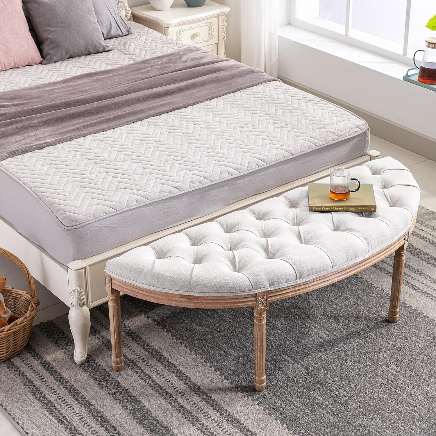 chairus 55" Button Tufted Semi-Circle Dining Bench Linen Halfmoon Entryway Bench Comfy Upholstered Bench Seat for Bay Window/Bedroom End of Bed/Living Room/Indoor, Beige