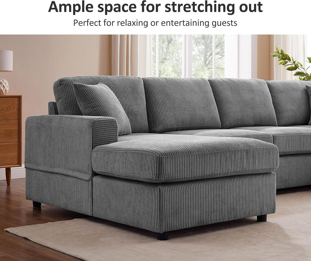 119" L-Shaped Sectional Sofa with Reversible Chaise, Modern Corduroy Couch with Deep Seats, 4-Seater Upholstered Sofa for Living Room or Apartment, Dark Grey
