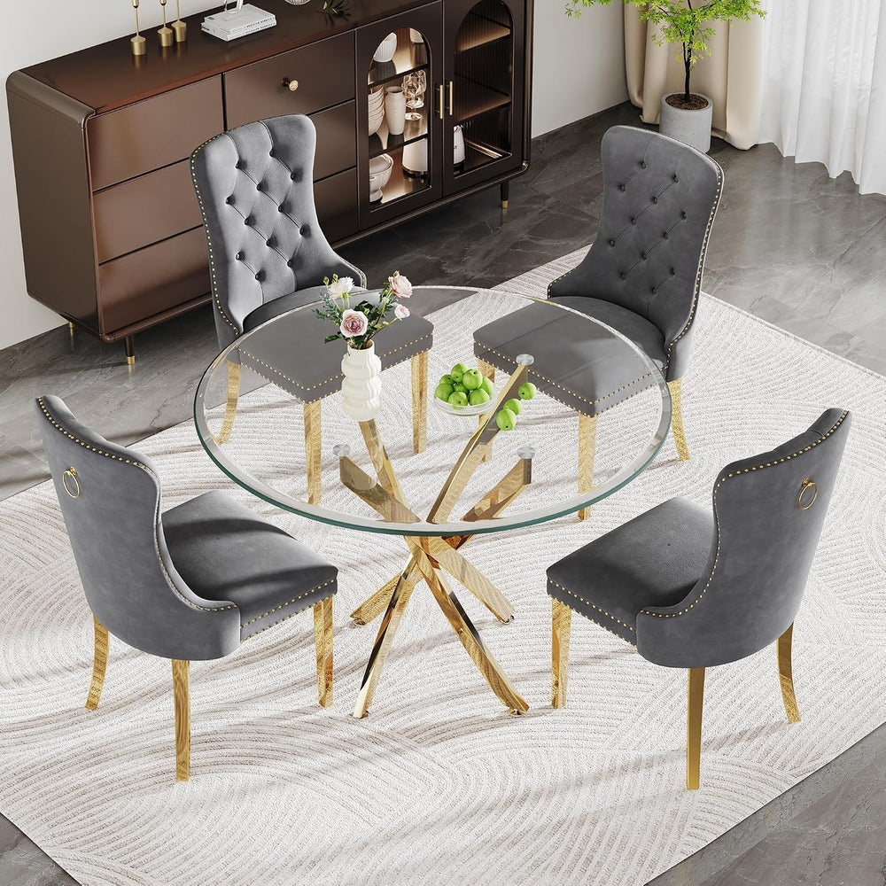 Glass Dining Table Set for 4, 5-Piece Round Tempered Glass Kitchen Table Set ...