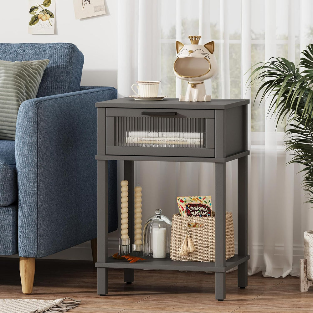 Nightstand Wooden Bedside Table with Drawer Grey Night Stands Modern Style Sm...
