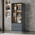 Modern Grey Lighted Glass Display Cabinet with Two Drawers, Dining China Hutch with 3 Tiers Storage Shelves, Wooden Curio Display Showcase for Living Room Kitchen (A-23'' Glass Cabinet)