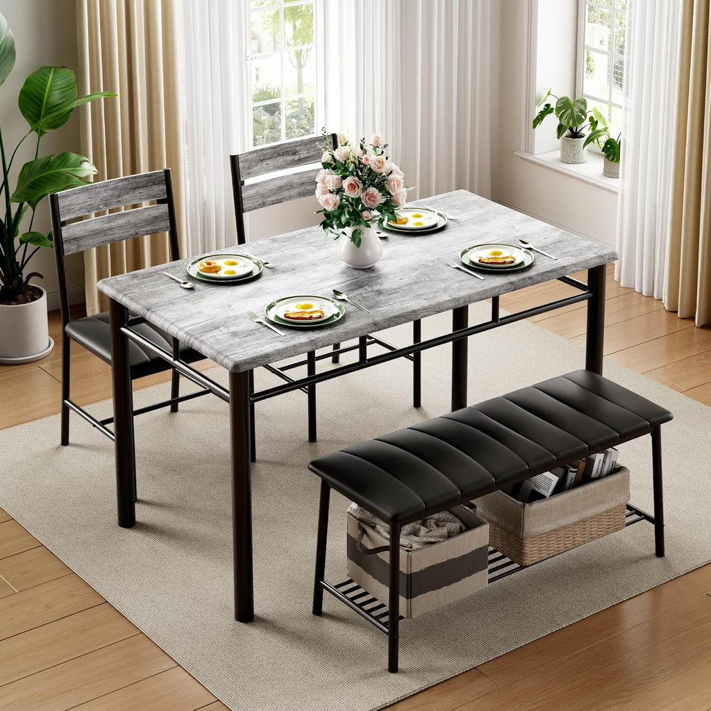 IRONCK Dining Table Set for 4, Kitchen Table with Upholstered Bench and 2 Chairs, Kitchen Table and Chairs Set for Small Space, Apartment, Gray