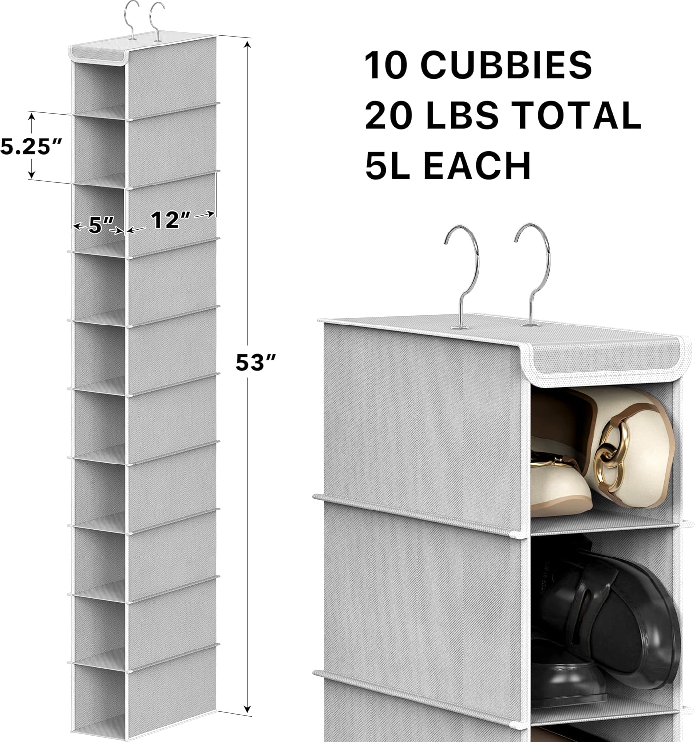 Simple Houseware 10 Shelves Closet Hanging Shoe Organizer, Gray | Dual Metal Hooks, Holds Up to 20 lbs, for Narrow Space
