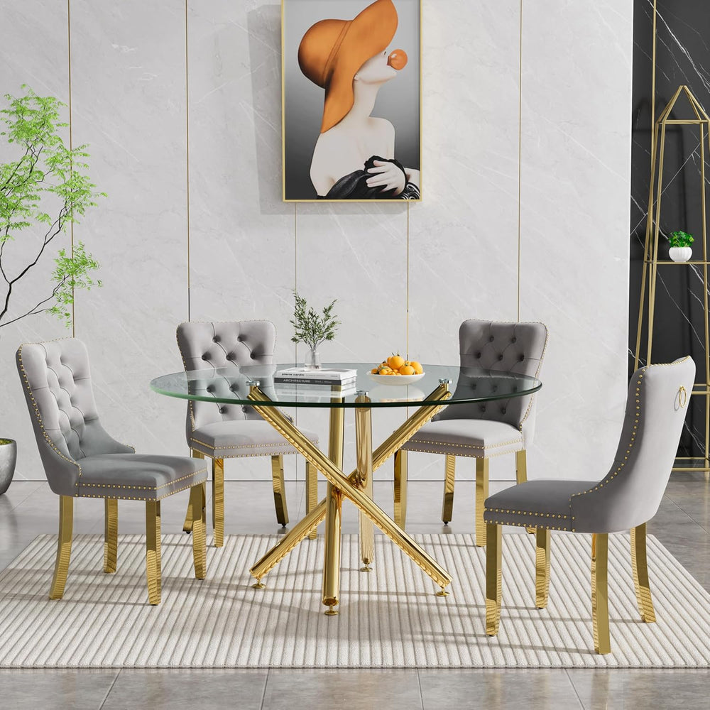 Round Glass Dining Table Set for 4, Small Kitchen Table Set for 4, 47" C...