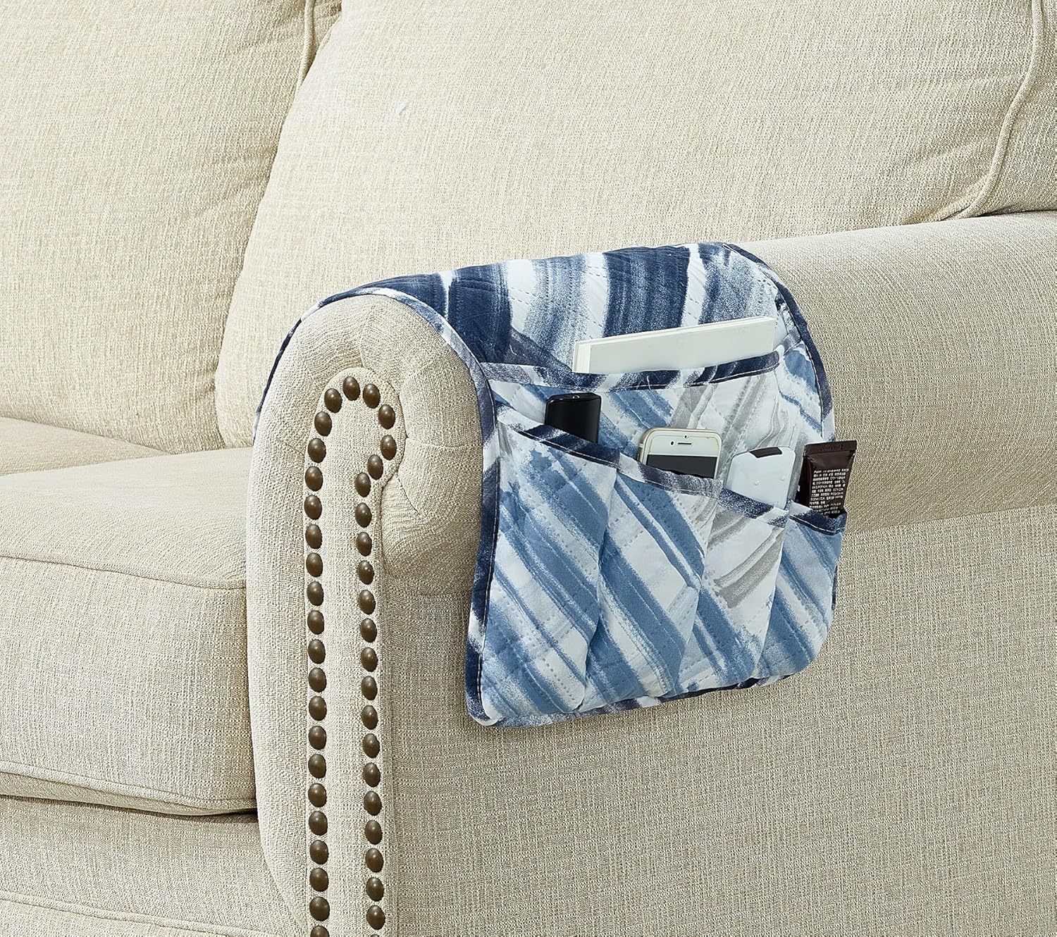 Brilliant Sunshine Blue Grey Stripes Patchwork Couch Armrest 5 Pockets Organizer, Slip Resistant Recliner Armchair Caddy, Washable Remote Controls Holder, Storage for Magazine, Tablet, iPad, Blue Grey