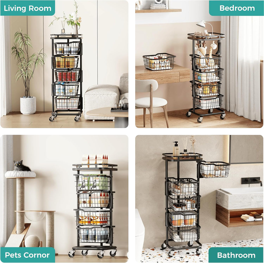 5 Tier Kitchen Fruit Vegetable Storage Cart with One-Piece Rotating Basket, P...