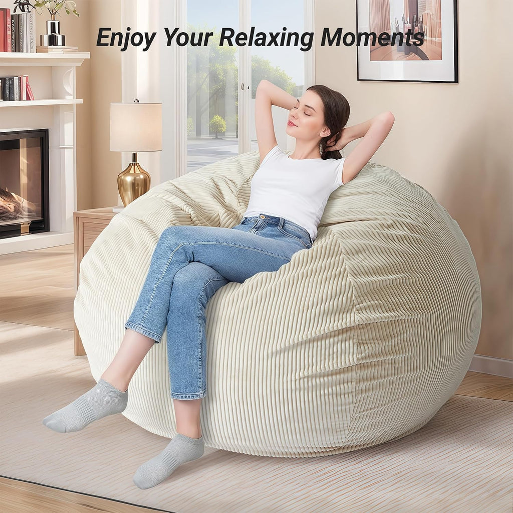 CangLong Extra Large Bean Bag Chair for Adults - 5 ft Giant Lounger, Removable Youth-Protected Cover & Locking Zipper, Round Corduroy Sofa for Living Room, Bedroom & Gaming,Beige