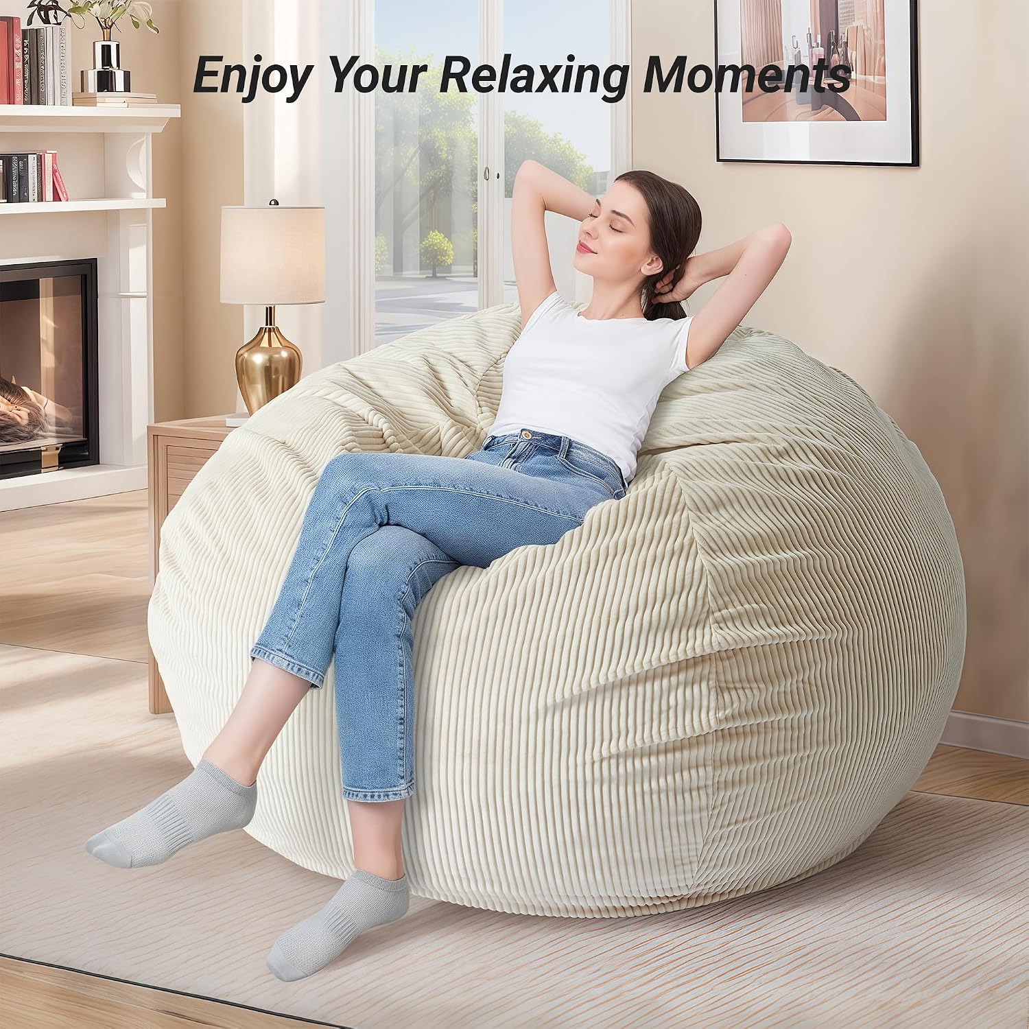 CangLong Extra Large Bean Bag Chair for Adults - 5 ft Giant Lounger, Removable Youth-Protected Cover & Locking Zipper, Round Corduroy Sofa for Living Room, Bedroom & Gaming,Beige