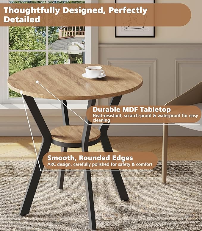 Round Kitchen Tables for 2-4, 31.5" Small Dining Tables with Storage, Ru...