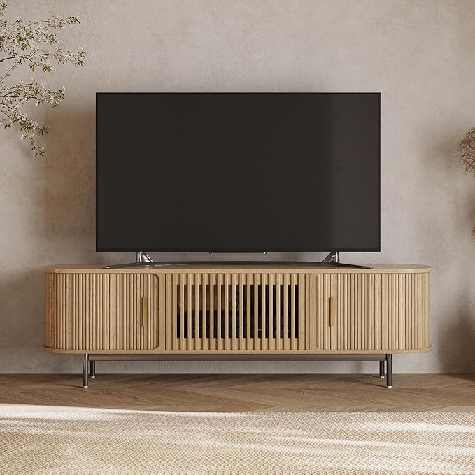 POVISON Fully-Assembled Mid Century Modern TV Stand for 70 inch TV, Sliding Door Entertainment Center with Storage, Wood TV Console, Media Console for Living Room Bedroom(Oak, 70.87")