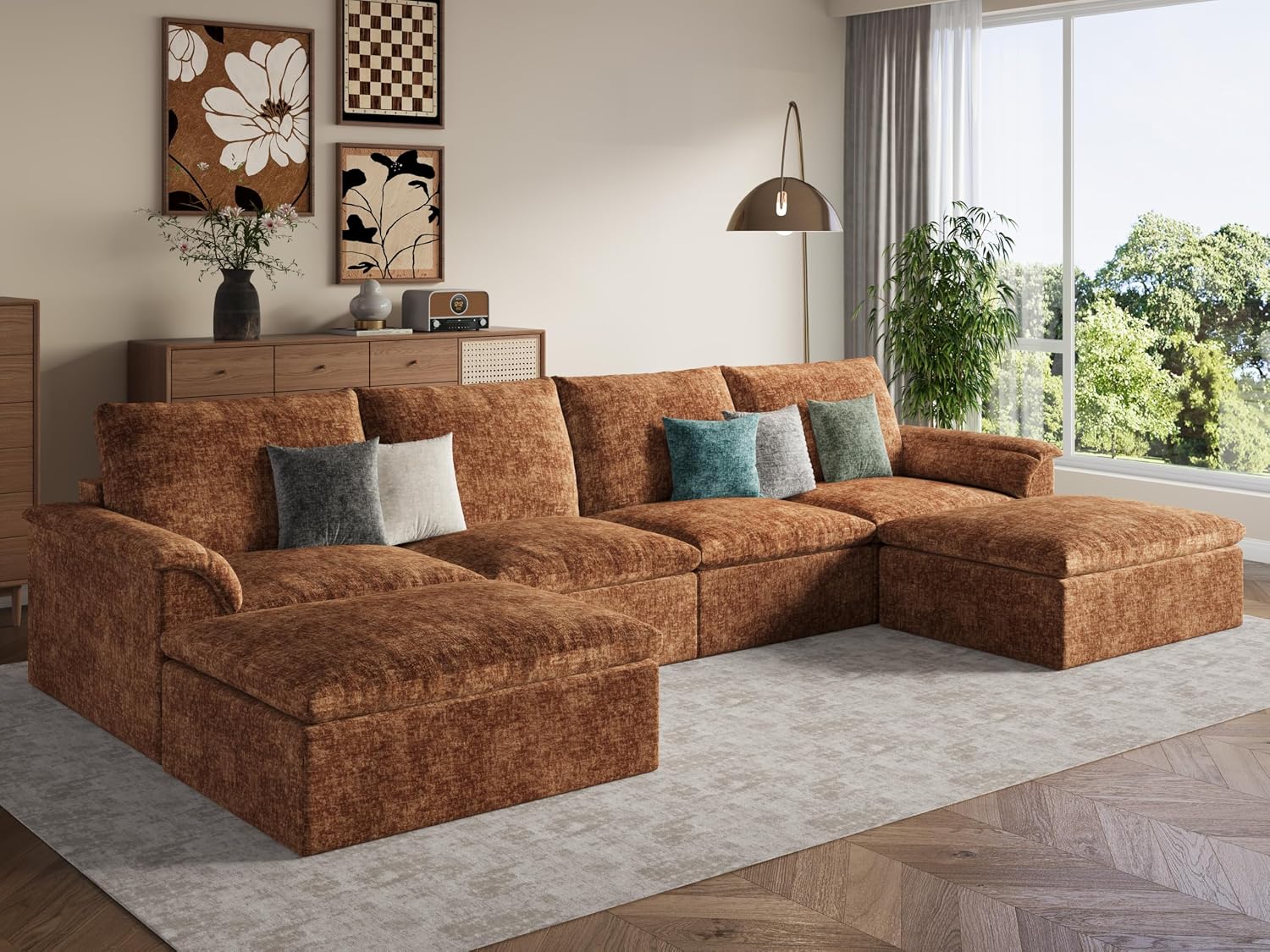 EASE MOOSE Boneless Couches for Living Room, 147" U Shaped Couch, Brown | Modular Sectional Sofa, No Assembly, Pet-Friendly Chenille Fabric, Oversized Deep Seat, Removable Covers, Anti-slip Bottom