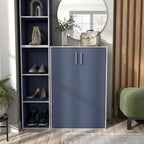 Homes: Inside + Out Apexa 3-Tier Stackable Wood Bookcase with Doors, Cube Storage Organizer Shelves, Small Food Pantry Cabinet, Dorm Teen Room Decor & Bedroom, Home Office, Kitchen, Steel Blue