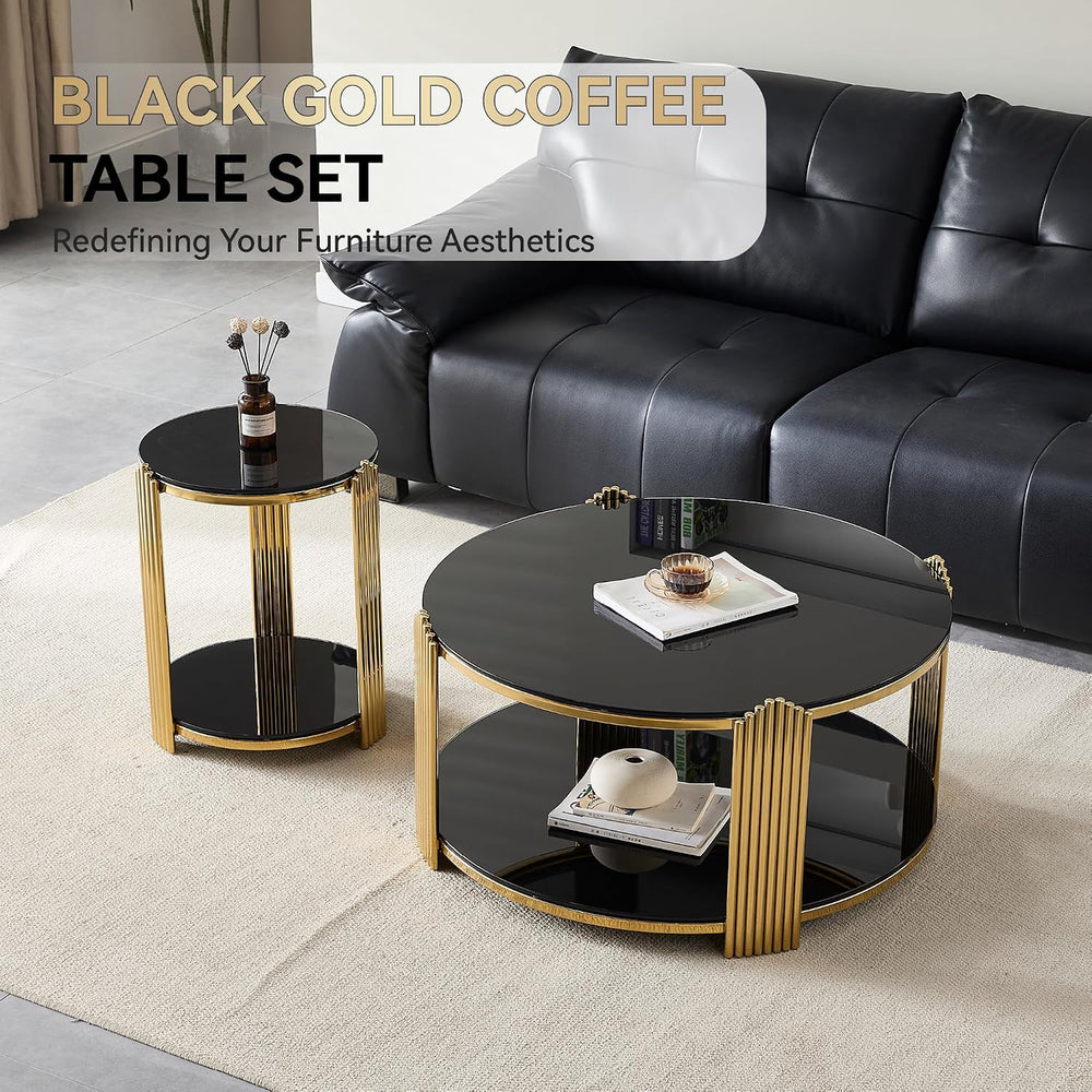 16.9'' Round Glass End Table with Gold Steel Frame, 2-Tier Sofa Side ...