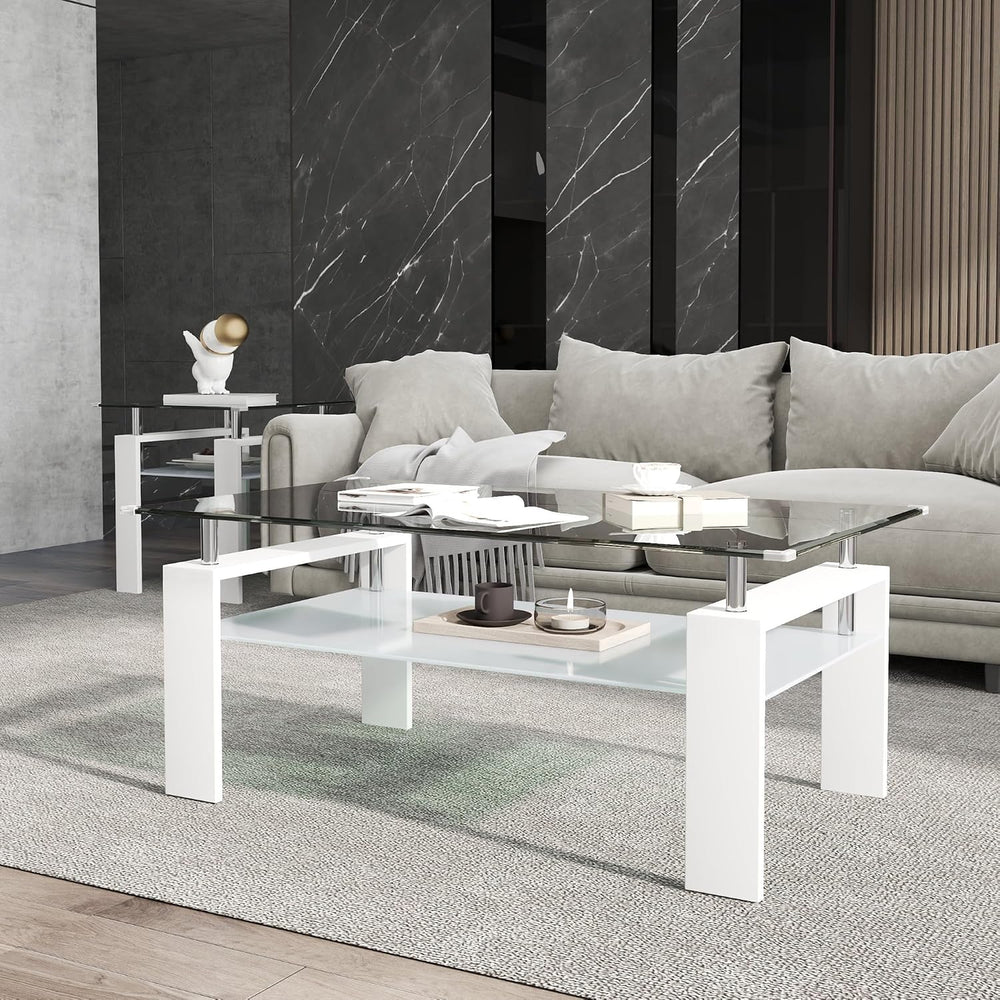 Rectangle Glass Coffee Table Set of 3,2-Tier Modern Glass Living Room Set Inc...