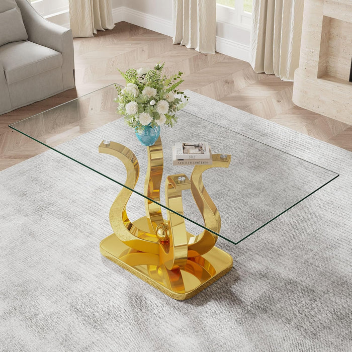 69" Glass Dining Table for 4-6, Luxury Rectangular Kitchen Table with Tempered Glass and Gold Petal-Shaped Base for Dining Room, Living Room