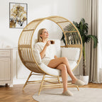 Bifanuo Oversized Egg Chair Indoor/Outdoor Rattan Hanging Basket Chair with Thickened Cushion Supports 350LBS – Wicker Patio Lounge Chair for Balcony Porch Living Room Backyard (Beige)