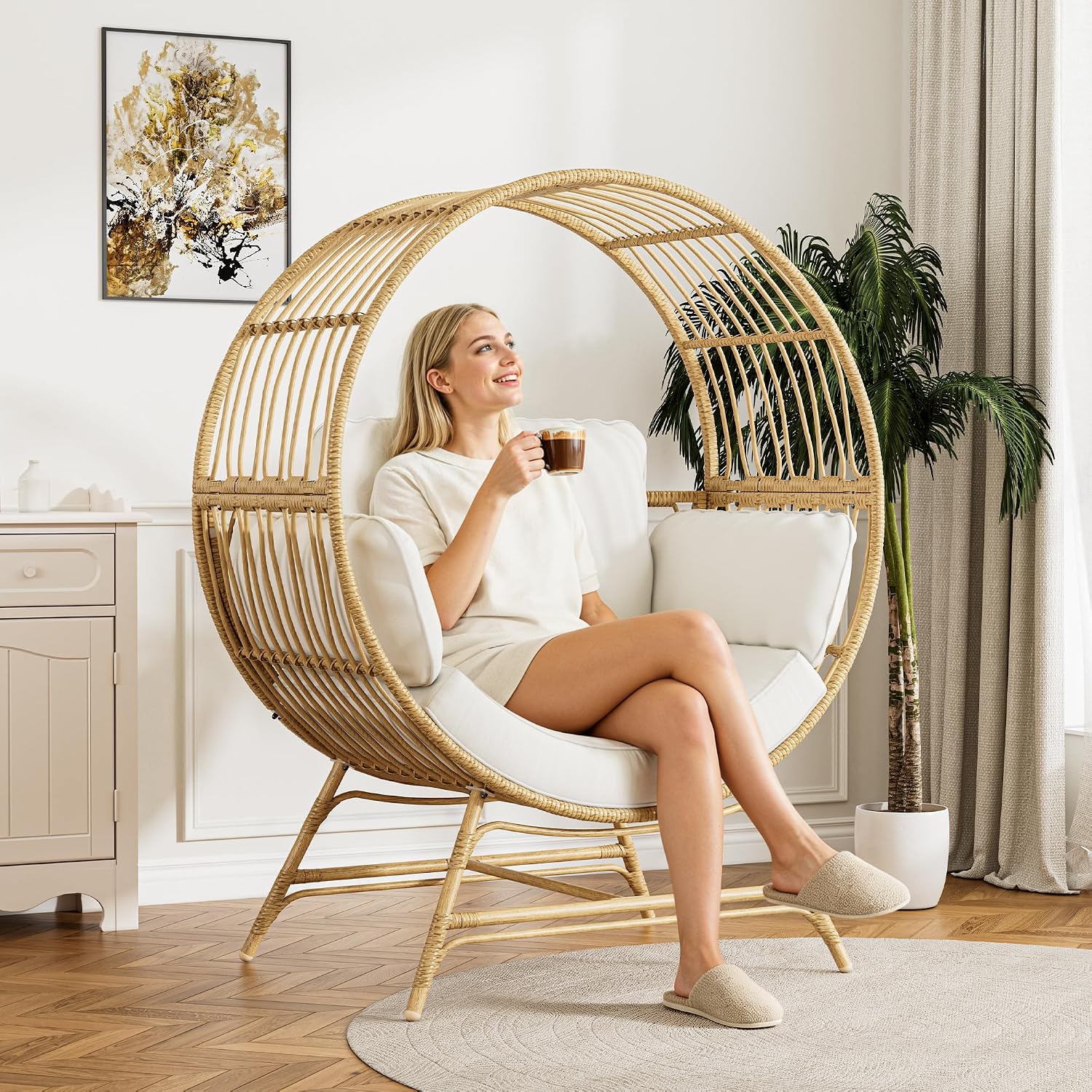 Bifanuo Oversized Egg Chair Indoor/Outdoor Rattan Hanging Basket Chair with Thickened Cushion Supports 350LBS – Wicker Patio Lounge Chair for Balcony Porch Living Room Backyard (Beige)