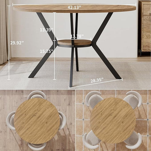 42 Inch Round Dining Table for 2–4, Farmhouse Round Kitchen Table with Storage Shelf, Pedestal Dining Table, Wood Top & Metal Base, Small Space Table for Apartment, Dining Room