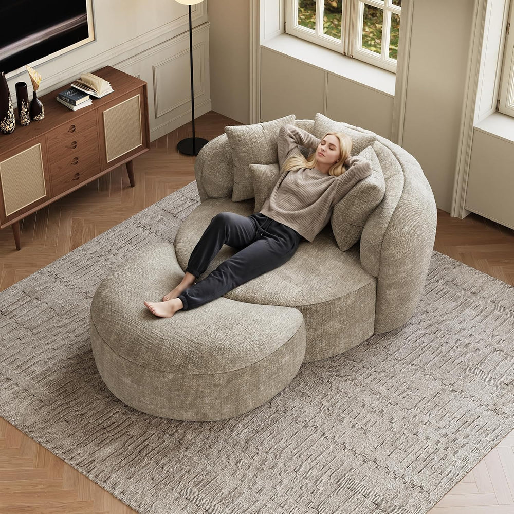 53.5" Oversized Round Chaise Lounge with Ottoman, Chenille, Light Brown ...