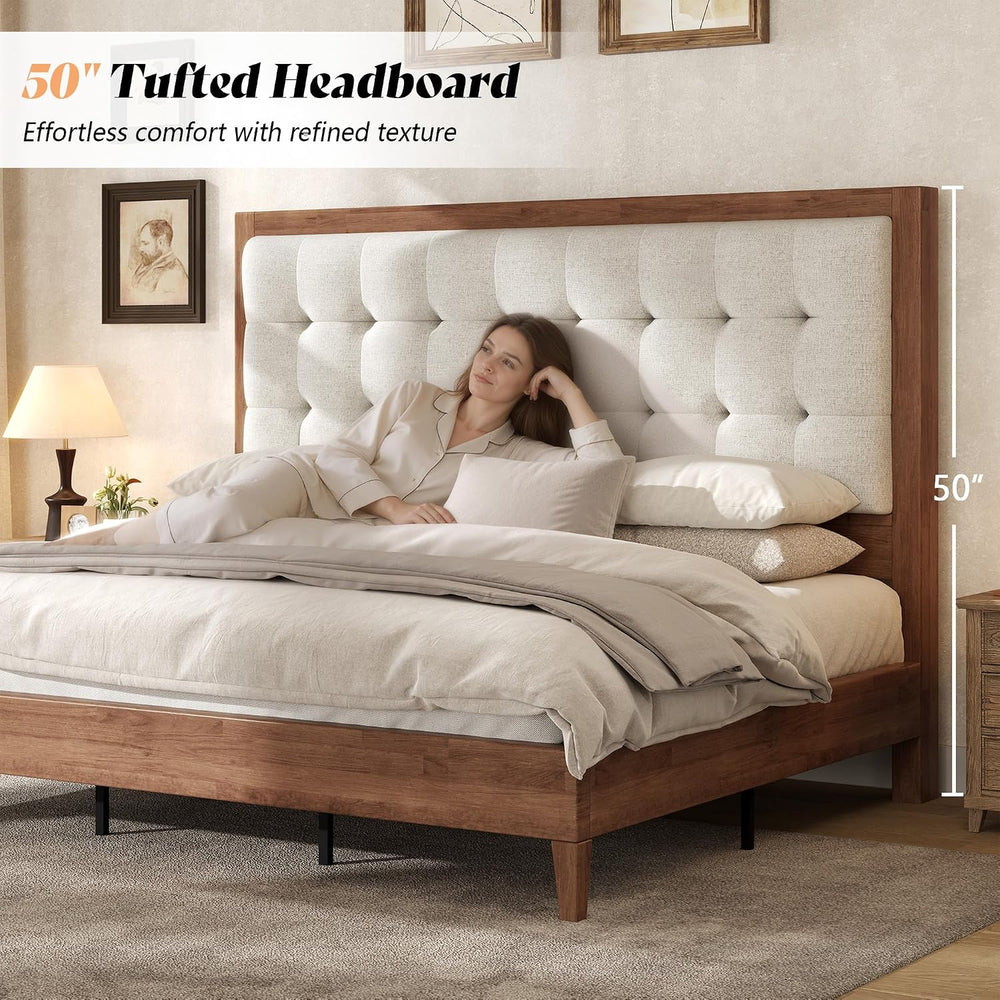 AMERLIFE Solid Wood Queen Bed Frame 50.2" Upholstered Headboard, Walnut