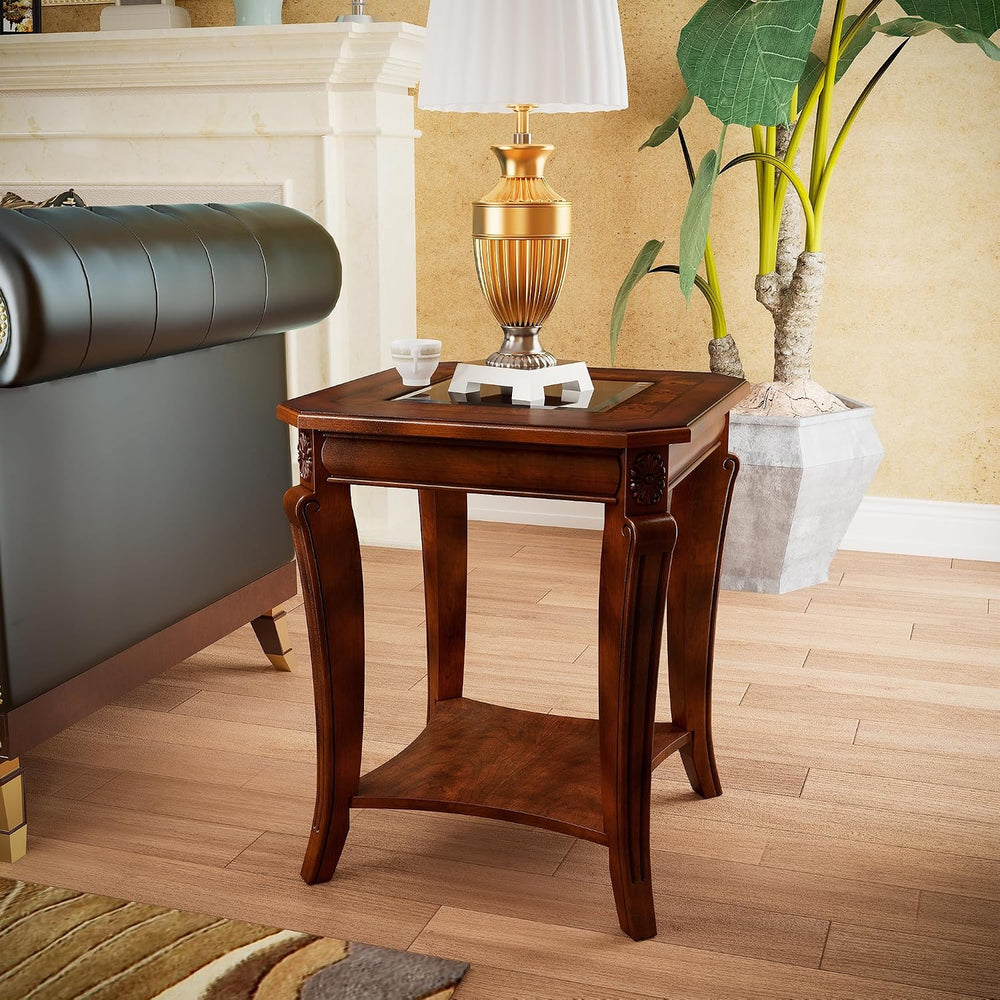 PADMA HOUSE Traditional Wood End Table with Glasstop and Curved Legs, Square ...