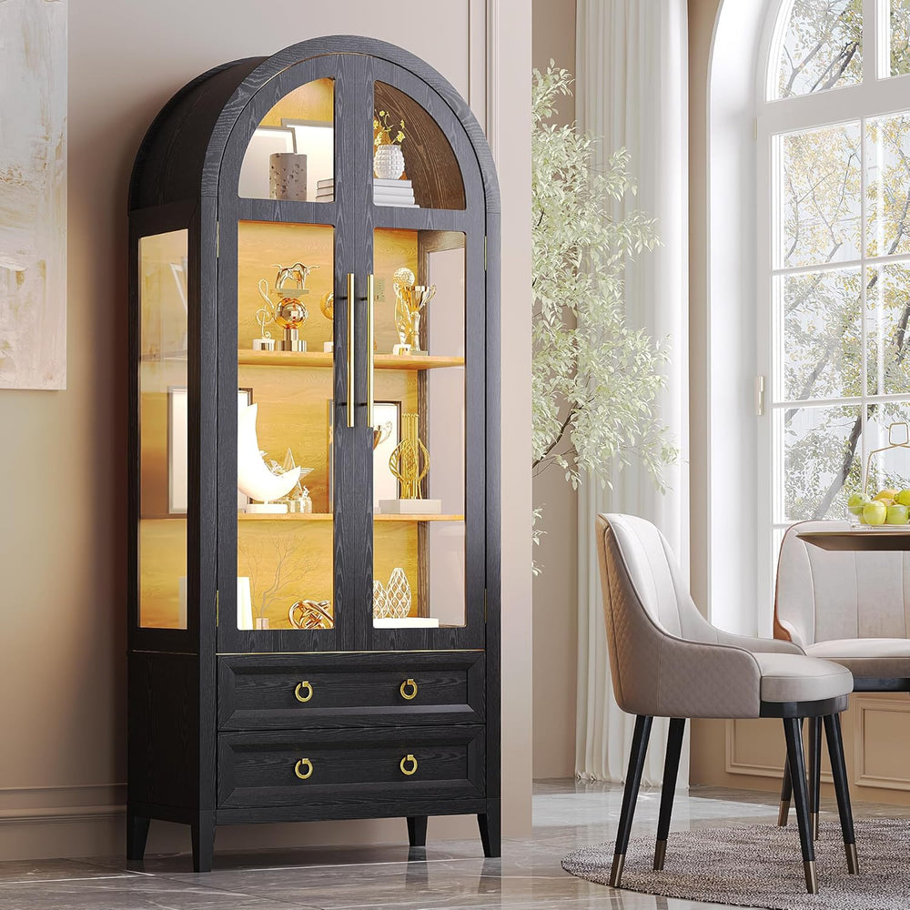 Vlsrka 71" Arched Curio Cabinet with Glass Doors, 4-Shelves Display Cabi...